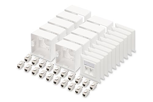 DIGITUS Set: 2-Port Netzwerkdose – 10 Stück – Mit 20x Cat6A Keystone-Modul – Auslass 45° Gewinkelt – Mit Rahmen zur Aufputzmontage – Weiß von DIGITUS