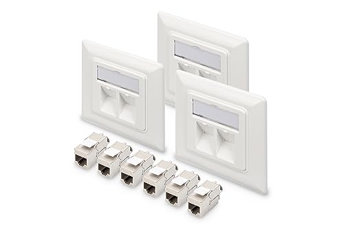 DIGITUS Set: 2-Port Netzwerkdose – 3 Stück – Mit 6X Cat6A Keystone-Modul – Auslass 45° Gewinkelt – Mit Staubschutz-Kappe – Weiß von DIGITUS