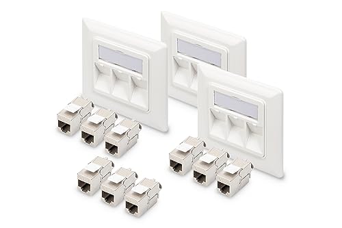 DIGITUS Set: 3-Port Netzwerkdose – 3 Stück – Mit 9x Cat6A Keystone-Modul – Auslass 45° Gewinkelt – Mit Staubschutz-Kappe – Weiß von DIGITUS