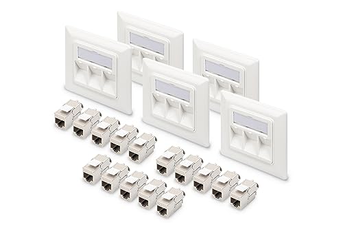 DIGITUS Set: 3-Port Netzwerkdose – 5 Stück – Mit 15x Cat6A Keystone-Modul – Auslass 45° Gewinkelt – Mit Staubschutz-Kappe – Weiß von DIGITUS