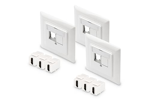 DIGITUS Set: 3x Anschlussdose 2 Port – Auslass Gerade – Für Multimedia Keystone-Module + 6x Keystone-Kupplung HDMI 2.0 – Weiß von DIGITUS