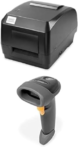 DIGITUS Set: Etikettendrucker 200 DPI – Themotransfer-Drucker & Thermodirekt-Drucker – 127mm/s – Labelbreite 25,4 bis 118mm – USB, RS232, LAN – SD-Slot – Schwarz – Mit 2D Barcodescanner von DIGITUS