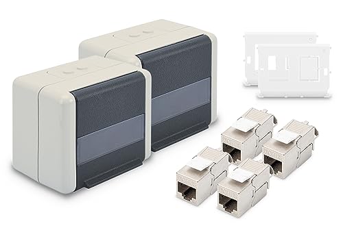 DIGITUS Set: Netzwerkdose Outdoor IP44 (2 Stück) – Mit Halter für Keystone-Module (2 Stück) – Inkl. Cat 6A Keystone-Modul Netzwerkbuchse (4 Stück) von DIGITUS