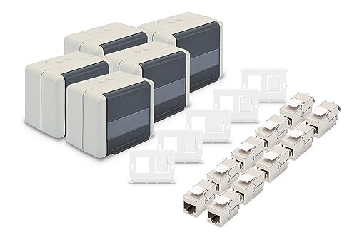 DIGITUS Set: Netzwerkdose Outdoor IP44 (5 Stück) – Mit Halter für Keystone-Module (5 Stück) – Inkl. Cat 6A Keystone-Modul Netzwerkbuchse (10 Stück) von DIGITUS