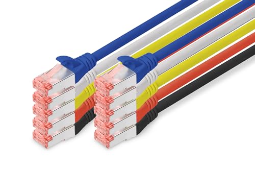 DIGITUS Set: Netzwerkkabel Cat 6 – 0,5m – 10 Stück – RJ45 Stecker – S/FTP Geschirmt – Ethernet Kabel, LAN Kabel – Kompatibel zu Cat 6A & Cat 7 – 2x Grau / 2x Schwarz / 2x Rot / 2x Gelb / 2x Blau von DIGITUS