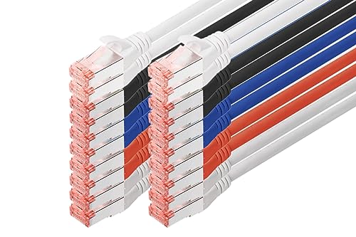 DIGITUS Set: Netzwerkkabel Cat 6 – 0,5m – 10 Stück – RJ45 Stecker – S/FTP Geschirmt – Ethernet Kabel, LAN Kabel – Kompatibel zu Cat 6A & Cat 7 – 2x Grau / 2x Weiß / 2x Schwarz / 2x Rot / 2x Blau von DIGITUS