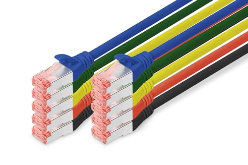 DIGITUS Set: Netzwerkkabel Cat 6 – 0,5m – 10 Stück – RJ45 Stecker – S/FTP Geschirmt – Ethernet Kabel, LAN Kabel – Kompatibel zu Cat 6A & Cat 7 – 2x Schwarz / 2x Rot / 2x Gelb / 2x Grün / 2x Blau von DIGITUS