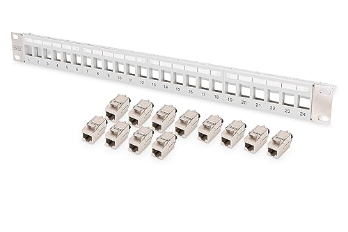 DIGITUS Set: Patchpanel – Modular – 19-Zoll – 24-Port – Geschirmt – Rack-Montage 1HE – Grau – Mit 12x Cat8.1 Keystone-Modul von DIGITUS