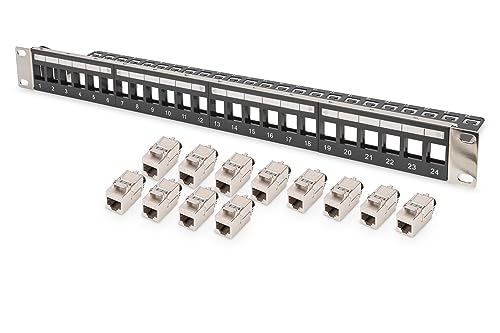 DIGITUS Set: Patchpanel – Modular – 19-Zoll – 24-Port – Geschirmt – Rack-Montage 1HE – Schwarz – Mit 12x Cat8.1 Keystone-Modul von DIGITUS