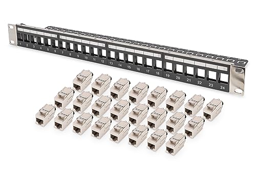 DIGITUS Set: Patchpanel – Modular – 19-Zoll – 24-Port – Geschirmt – Rack-Montage 1HE – Schwarz – Mit 24x Cat8.1 Keystone-Modul von DIGITUS