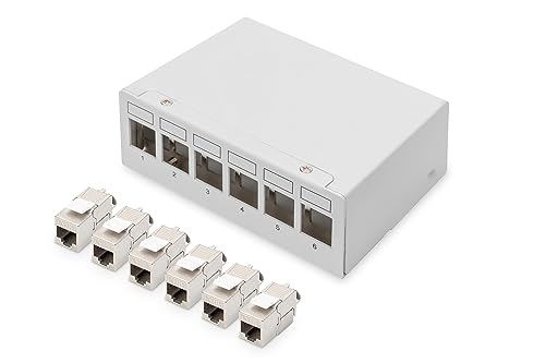 DIGITUS Set: Patchpanel – Modular – Desktop – 6-Port – Geschirmt – Grau – Mit 6x Cat6A Keystone-Modul von DIGITUS