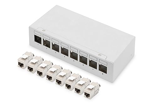 DIGITUS Set: Patchpanel – Modular – Desktop – 8-Port – Geschirmt – Grau – Mit 8x Cat6A Keystone-Modul von DIGITUS