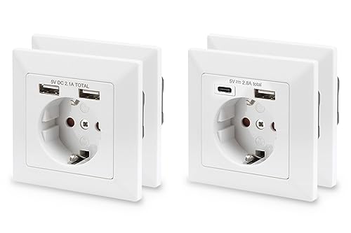 DIGITUS Set: Unterputz-Steckdose Mit USB Ladegerät - 2x Version-1 (Doppelt A) - 2x Version-2 (A + C) - Einbautiefe 32 mm - Bedingt Designfähig - Reinweiß RAL 9003 von DIGITUS