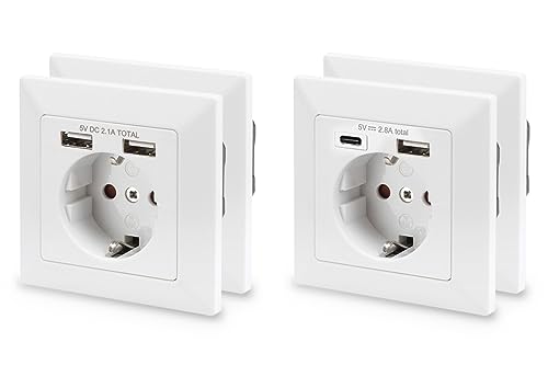 DIGITUS Set: Unterputz-Steckdose mit USB-A Ladegerät – 2x Version-1 (Doppelt USB-A) – 2x Version-2 (USB-A + USB-C) – Einbautiefe 32 mm – Bedingt Designfähig – Reinweiß RAL 9003 von DIGITUS