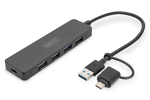 DIGITUS USB-Hub - 4 Ports - USB 3.0-4X USB-A - 1x USB-C Stromanschluss - bis zu 5 Gbit/s - inkl. USB-A auf USB-C-Adapter - 0,2m Kabellänge - Slim line - schwarz von DIGITUS