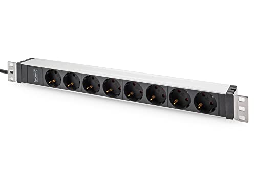 DIGITUS Steckdosenleiste mit Aluminiumprofil, 8-Fach Schutzkontaktsteckdose, 2 m Zuleitung, IEC C20 Stecker, 482,6 mm (19") x 45 (1HE) x 45 mm von DIGITUS