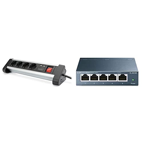 DIGITUS Steckdosenleiste mit USB - 2 Lade-Ports USB-A - 4 Steck-Dosen - Schalter - Schreib-Tisch & Wand-Montage & TP-Link TL-SG105 5-Ports Gigabit Netzwerk Switch blau metallic von DIGITUS