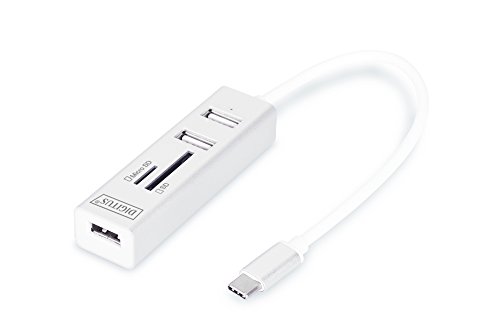 DIGITUS USB 2.0 Typ-C 3-Port Hub mit Kartenleser, 1x MicroSD Port, Weiß, 81x23x16mm von DIGITUS