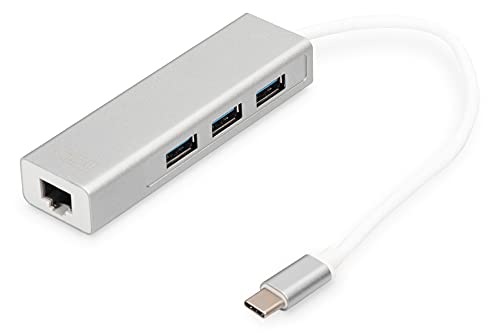 DIGITUS USB 3.0 Typ C 3-Port Hub mit Gigabit Ethernet Adapter, 3x USB A, 1x RJ45 LAN, Silber von DIGITUS