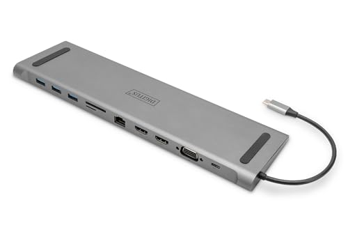 DIGITUS USB-C Docking Station für Laptops – 11 Ports – 2X HDMI, 1x VGA – Ultra HD 4k30Hz – 3X USB 3.0, 1x USB Typ-C – RJ45 LAN, Klinke Audio, Kartenleser – Silber von DIGITUS