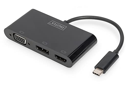 DIGITUS USB-C Grafikadapter - USB-C zu HDMI, DisplayPort & VGA - UltraHD 4k/60Hz per DP - UltraHD 4k/30Hz per HDMI - Triple Display Support - 11cm Kabellänge - Plug & Play - Schwarz von DIGITUS