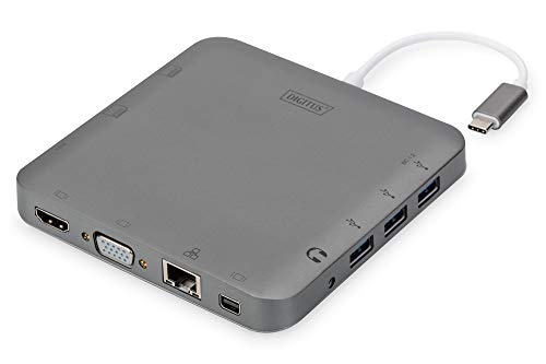 DIGITUS USB-C Multiport Docking Station – 11 Ports – 1x HDMI, 1x mDP, 1x VGA (4K@30Hz) – 3x USB 3.0 / USB 2.0, 1x USB Typ-C – RJ45 LAN, Klinke Audio, Kartenleser – Grau von DIGITUS