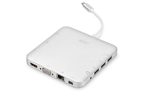 DIGITUS USB-C Multiport Docking Station – 11 Ports – 1x HDMI, 1x mDP, 1x VGA (4K@30Hz) – 3x USB 3.0 / USB 2.0, 1x USB Typ-C – RJ45 LAN, Klinke Audio, Kartenleser – Silber von DIGITUS