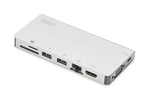 DIGITUS USB-C Travel Docking Station – 8 Ports – 1x HDMI, 1x VGA (4K@30Hz) – 2x USB 3.0 / USB 2.0, 1x USB Typ-C – RJ45 LAN, Kartenleser – Silber von DIGITUS