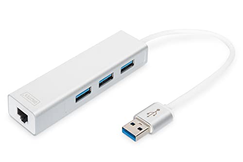 DIGITUS USB-Hub - 3 Ports - RJ45 Ethernet-Anschluss - Super-Speed USB 3.0 - 5 GBit/s - Gigabit LAN - Aluminium-Gehäuse von DIGITUS