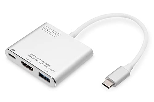 DIGITUS USB Typ-C Multiport Grafik Adapter, USB Type-C zu HDMI + USB A 3.0 + USB C, Ladefunktion, 4K Ultra HD 30Hz, Aluminium, 51x58x11mm von DIGITUS