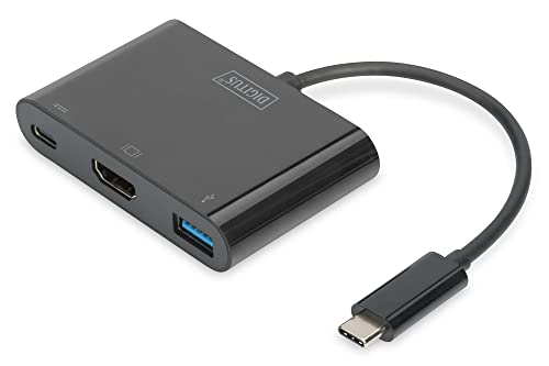 DIGITUS USB Typ-C Multiport Grafik Adapter, USB Type-C zu HDMI + USB A 3.0 + USB C, Ladefunktion, 4K Ultra HD 30Hz, Kunststoff, Schwarz von DIGITUS