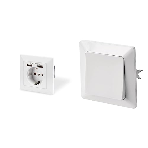 DIGITUS Unterputz-Steckdose mit USB-A Ladegerät - 2 Buchsen - 5V / 2,1A Gesamt - 250V 50Hz - Reinweiß RAL 9003 & EMOS Wechselschalter in Weiss (Glanz), Lichtschalter mit einer Wippe, 250 V~/10 AX von DIGITUS