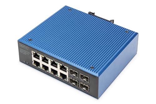 DIGITUS industrieller 12 Port Gigabit Ethernet PoE Netzwerk-Switch - 8X RJ45 + 4X SFP-Uplink - 30W PoE-Budget je RJ45 Port - IP40 Schutzart - Hutschienenmontage - 10/100/1000 Mbps - Plug & Play von DIGITUS
