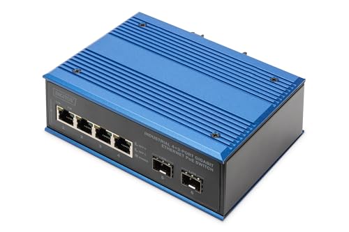 DIGITUS industrieller 6 Port Gigabit Ethernet PoE Netzwerk-Switch - 4X RJ45 + 2X SFP-Uplink - 30W PoE-Budget je Port - IP40 Schutzart - Hutschienenmontage - 10/100/1000 Mbps - Plug & Play von DIGITUS