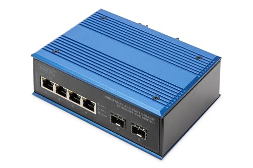 DIGITUS PoE Netzwerk-Switch - 6-Port Gigabit Ethernet - 4X RJ45 + 2X SFP - IP40 - 10/100/1000 Mbit/s - Hutschienenmontage - Industrial Serie - schwarz/blau DIGITUS PoE Netzwerk-Switch - 6-Port Gigabit Ethernet - 4X RJ45 + 2X SFP - IP40 - 10/100/1000 Mbit/s - Hutschienenmontage - Industrial Serie - schwarz/blau von DIGITUS