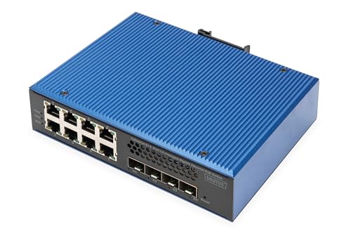 DIGITUS industrieller Managed 12-Port Gigabit Ethernet PoE Netzwerk-Switch - 8X Gigabit RJ45 + 4X 10 Gbps SFP+-Uplink - 1x Console Port - 30W PoE-Budget je RJ45 Port - L3 Managed - IGMP-Snooping von DIGITUS
