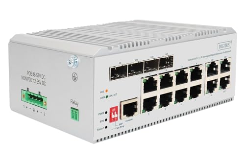 DIGITUS industrieller Managed 12-Port Gigabit Ethernet PoE Netzwerk-Switch - 8X RJ45 + 4X SFP/RJ45 Combo - 1 Console Port - 185W PoE Budget - L2 Managed - 10/100/1000 Mbps - Hutschienenmontage - weiß von DIGITUS