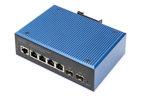 DIGITUS Netzwerk-Switch - 6-Port Gigabit Ethernet - 4X RJ45 + 2X SFP - IP40 - L2 Managed - 10/100/1000 Mbit/s - Hutschienenmontage - Industrial Serie - schwarz/blau von DIGITUS