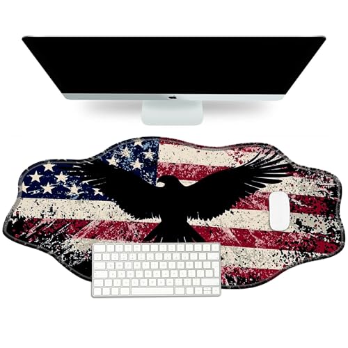 DIGTIALL Schreibtischunterlage mit amerikanischer Flagge, Adlermotiv, großes Mauspad für Schreibtisch, Gummiunterseite, Mauspad mit genähten Kanten, große Schreibtischunterlage für Arbeit, Spiel, Büro von DIGTIALL