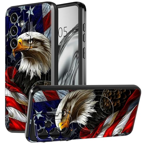 DIGTIALL Schutzhülle für Samsung Galaxy S24 FE 17 cm (6,7 Zoll), mit Ständer und Kamera-Abdeckung für Galaxy S24 FE, doppellagig, strapazierfähig, stoßfest, Adler mit amerikanischer Flagge von DIGTIALL