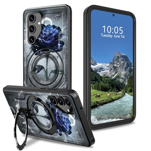 DIGTIALL Schutzhülle für Samsung Galaxy S25 Plus/S24 Plus 6,7 Zoll (17 cm) mit Ständer für Galaxy S25 Plus/S24 Plus, Hybrid-Schutzhülle mit blauem Rosenmotiv, zweilagig, stoßfest von DIGTIALL