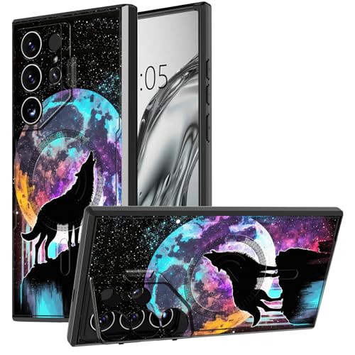 DIGTIALL Schutzhülle für Samsung Galaxy S25 Ultra, mit Ständer und Kamera-Abdeckung, für Galaxy S25 Ultra, mit zweilagiger, strapazierfähiger, stoßfester Schutzhülle, Motiv: Mondwolf von DIGTIALL