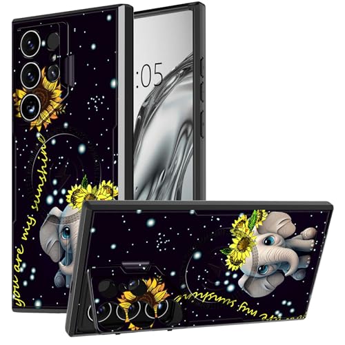 DIGTIALL Schutzhülle für Samsung Galaxy S25 Ultra mit Ständer und Kamera-Abdeckung für Galaxy S25 Ultra mit Magsafe, doppellagig, strapazierfähig, stoßfest, Elefanten-Sonnenblume von DIGTIALL