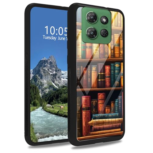 DIGTIALL Vintage Bücherregal Gehärtetes Glas Hülle für Motorola Moto G Play 5G 2025/Moto G Power 5G 2025 Weiche TPU Bumper Mode Männer Frauen Handyhülle Stoßfest Schutzhülle von DIGTIALL