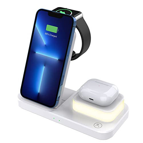 Drahtlose Ladestation,Dikkar 4 in 1 Kabelloses Ladegerät mit Nachtlicht Kompatibel mit iPhone 11/12/X/Galaxy,Faltbares Kabellose Ladestation Dock Kompatibel mit Apple Watch 7-1/SE Airpods (Weiß) von DIKKAR