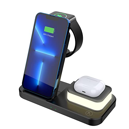 Drahtlose Ladestation,Dikkar 4 in 1 Kabelloses Ladegerät mit Nachtlicht Kompatibel mit iPhone 11/12/XR/Galaxy,Faltbares Kabellose Ladestation Dock Kompatibel mit Apple Watch 7-1/SE Airpods (Schwarz) von DIKKAR