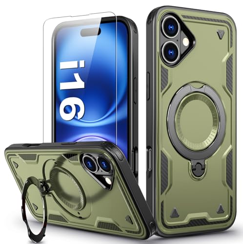 DIMIYER für iPhone 16 Hülle, 360° Drehbarer Magnet Ständer Handyhülle mit Panzerfolie, Militärische Stoßfest Ring Halter Schutzhülle für iPhone 16 Hülle, Armour Defense Case für iPhone 16 Panzerhülle von DIMIYER