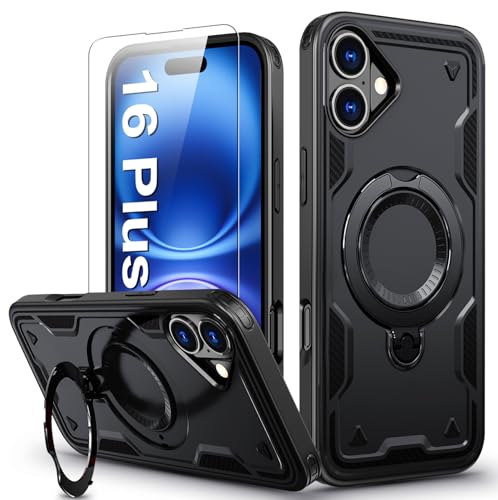 DIMIYER für iPhone 16 Plus Hülle, 360° Drehbarer Magnet Ständer Handyhülle mit Panzerfolie, Militärische Stoßfest Ring Halter Schutzhülle für iPhone 16 Plus Hülle Armour Defense Case Panzerhülle von DIMIYER