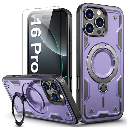 DIMIYER für iPhone 16 Pro Hülle, 360° Drehbarer Magnet Ständer Handyhülle mit Panzerfolie, Militärische Stoßfest Ring Halter Schutzhülle für iPhone 16 Pro Hülle Armour Defense Case Panzerhülle von DIMIYER