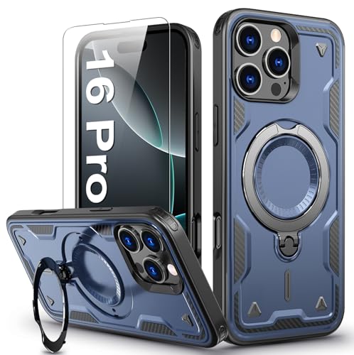 DIMIYER für iPhone 16 Pro Hülle, 360° Drehbarer Magnet Ständer Handyhülle mit Panzerfolie, Militärische Stoßfest Ring Halter Schutzhülle für iPhone 16 Pro Hülle Armour Defense Case Panzerhülle von DIMIYER